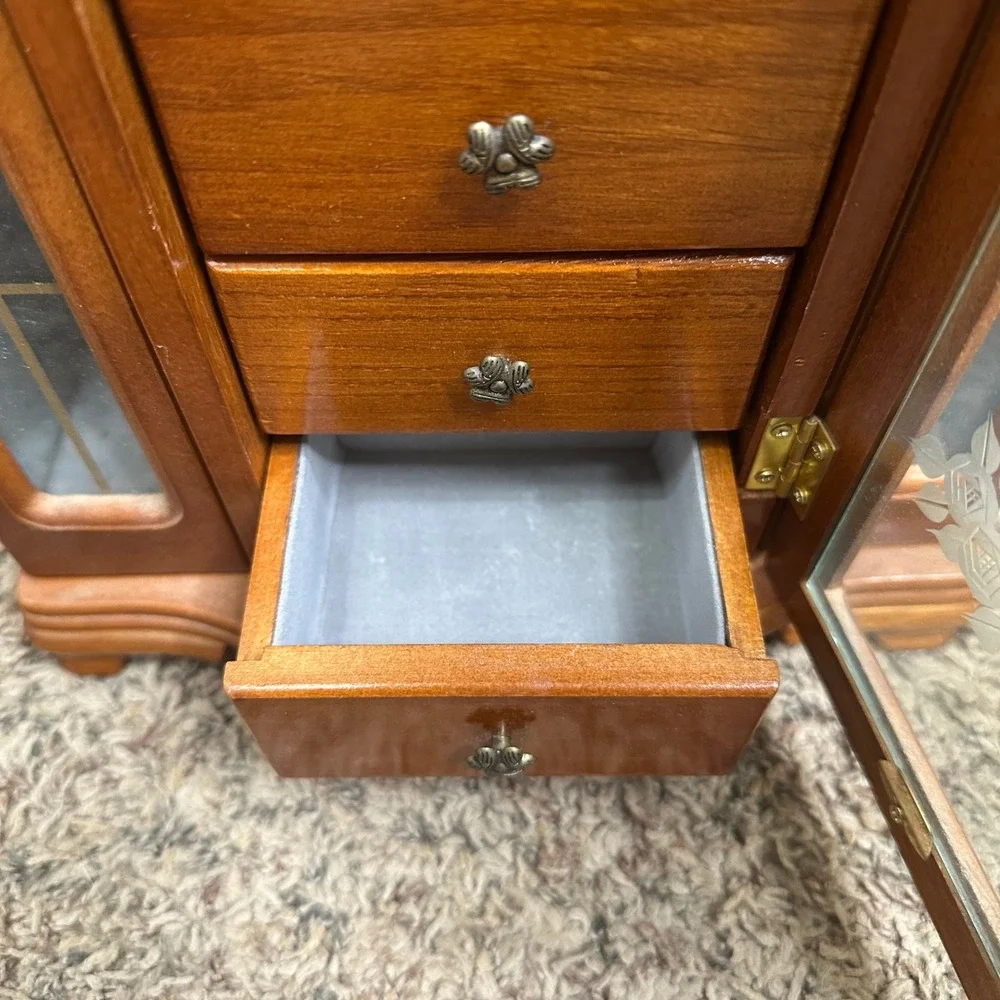 Vintage Wooden Jewelry Armoire Chest Cross Etched Glass 5 Drawers Brown READ